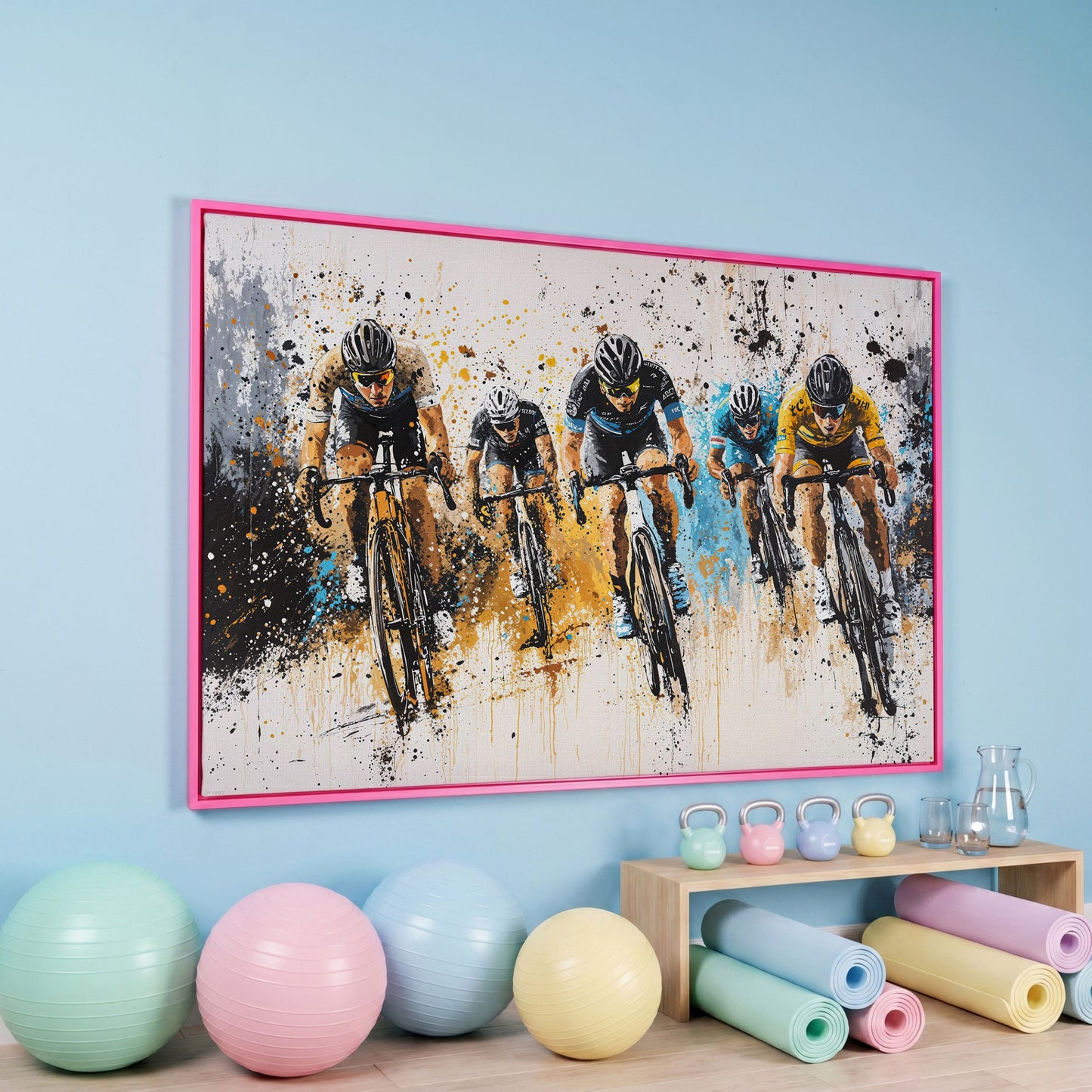 Cyclist Sports Canvas Print - Teal & Ochre Peloton in pink floating frame