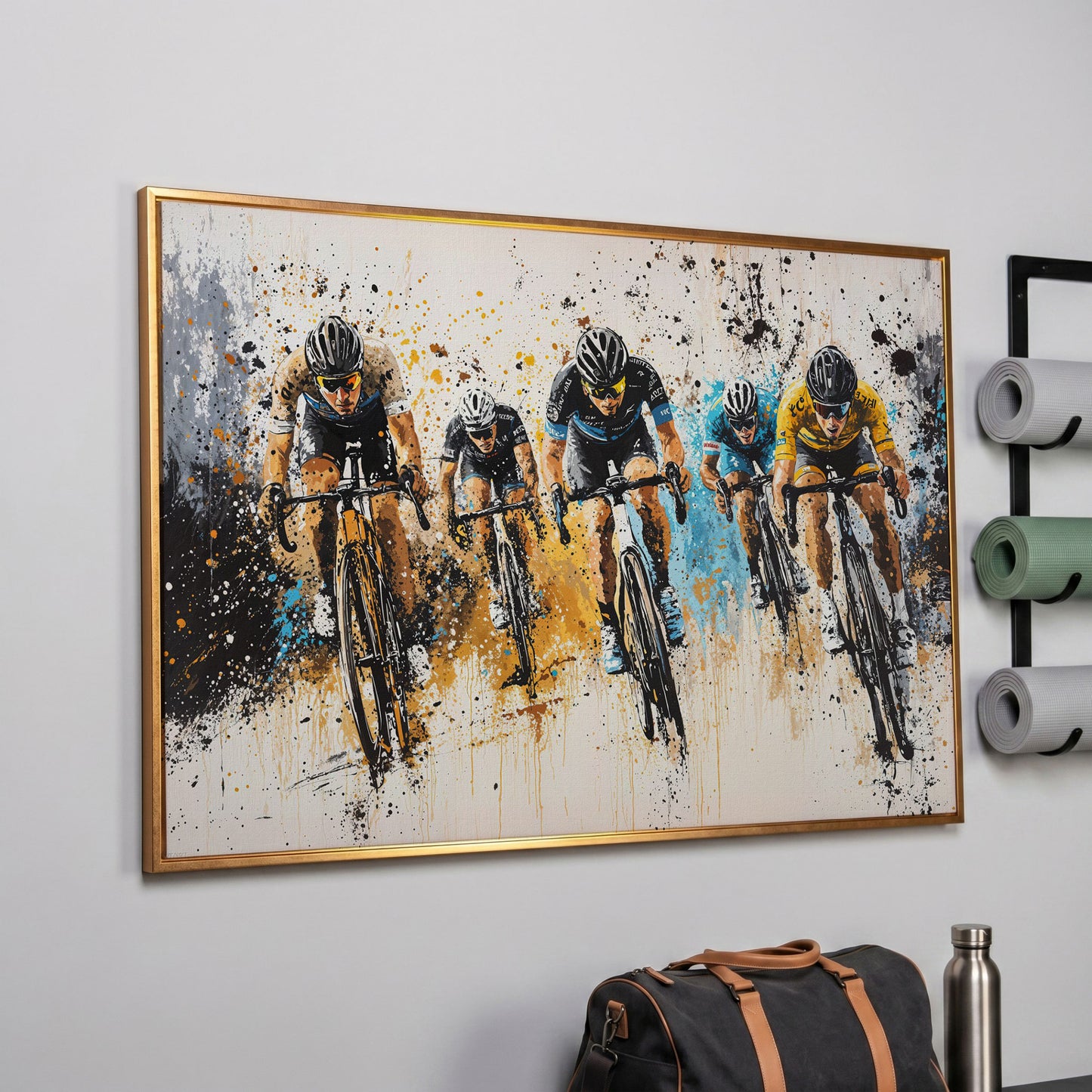 Cyclist Sports Canvas Print - Teal & Ochre Peloton in rose gold floating frame