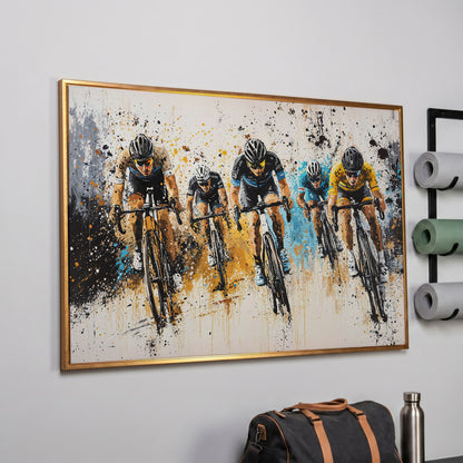 Cyclist Sports Canvas Print - Teal & Ochre Peloton in rose gold floating frame