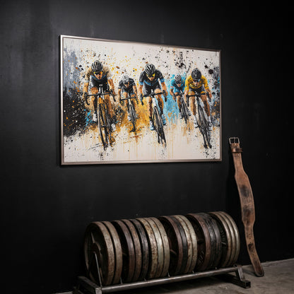 Cyclist Sports Canvas Print - Teal & Ochre Peloton in silver floating frame