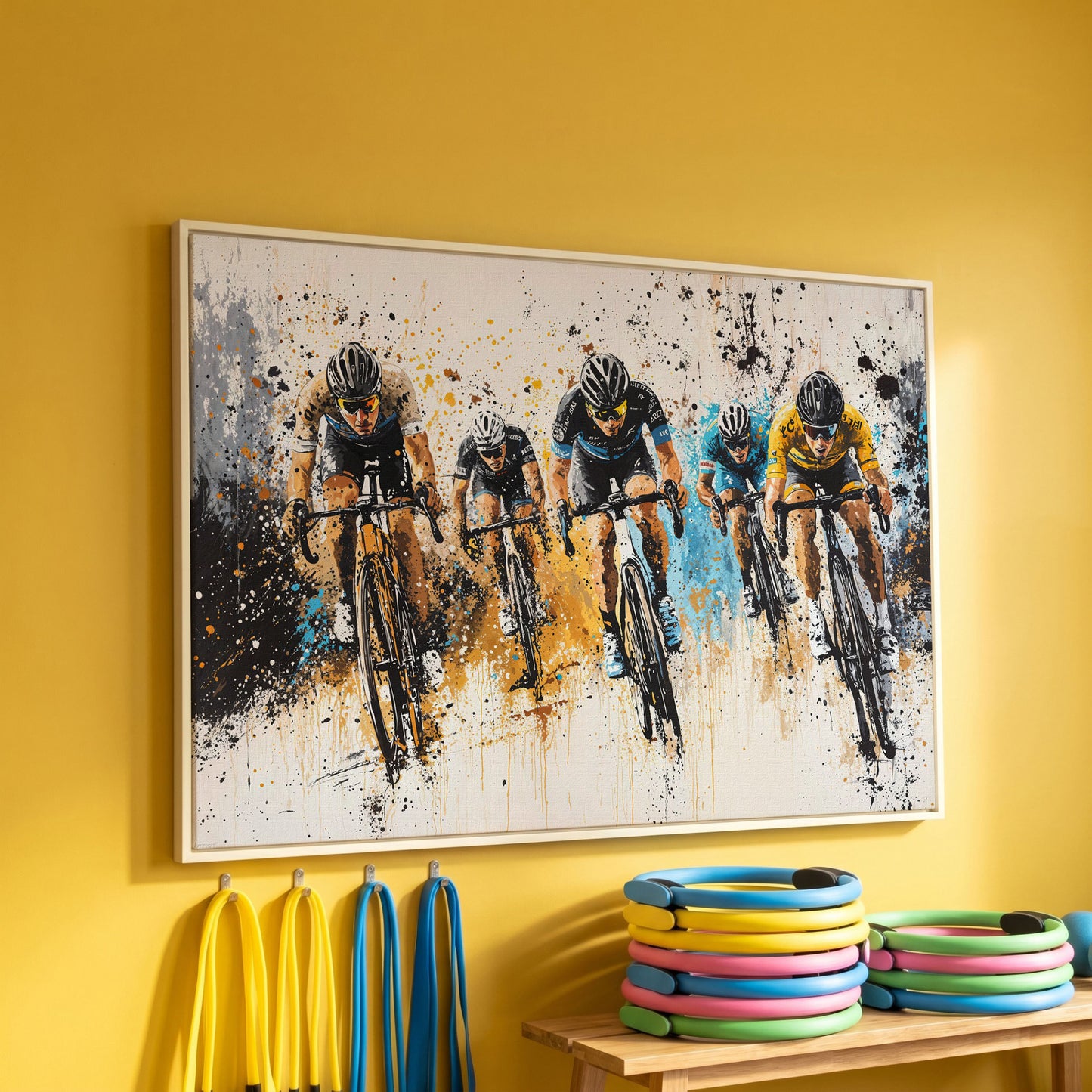 Cyclist Sports Canvas Print - Teal & Ochre Peloton in white floating frame
