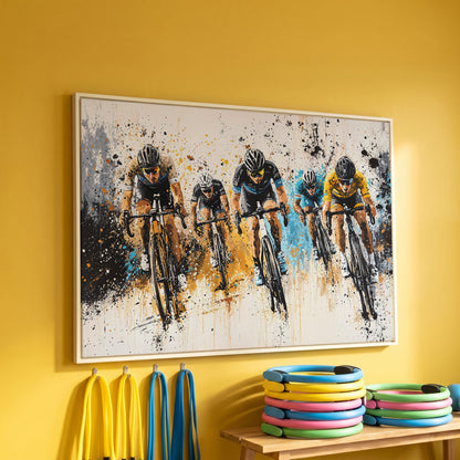 Cyclist Sports Canvas Print - Teal & Ochre Peloton in white floating frame
