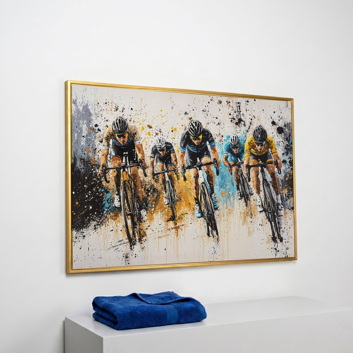 Cyclist Sports Canvas Print - Teal & Ochre Peloton in yellow gold floating frame