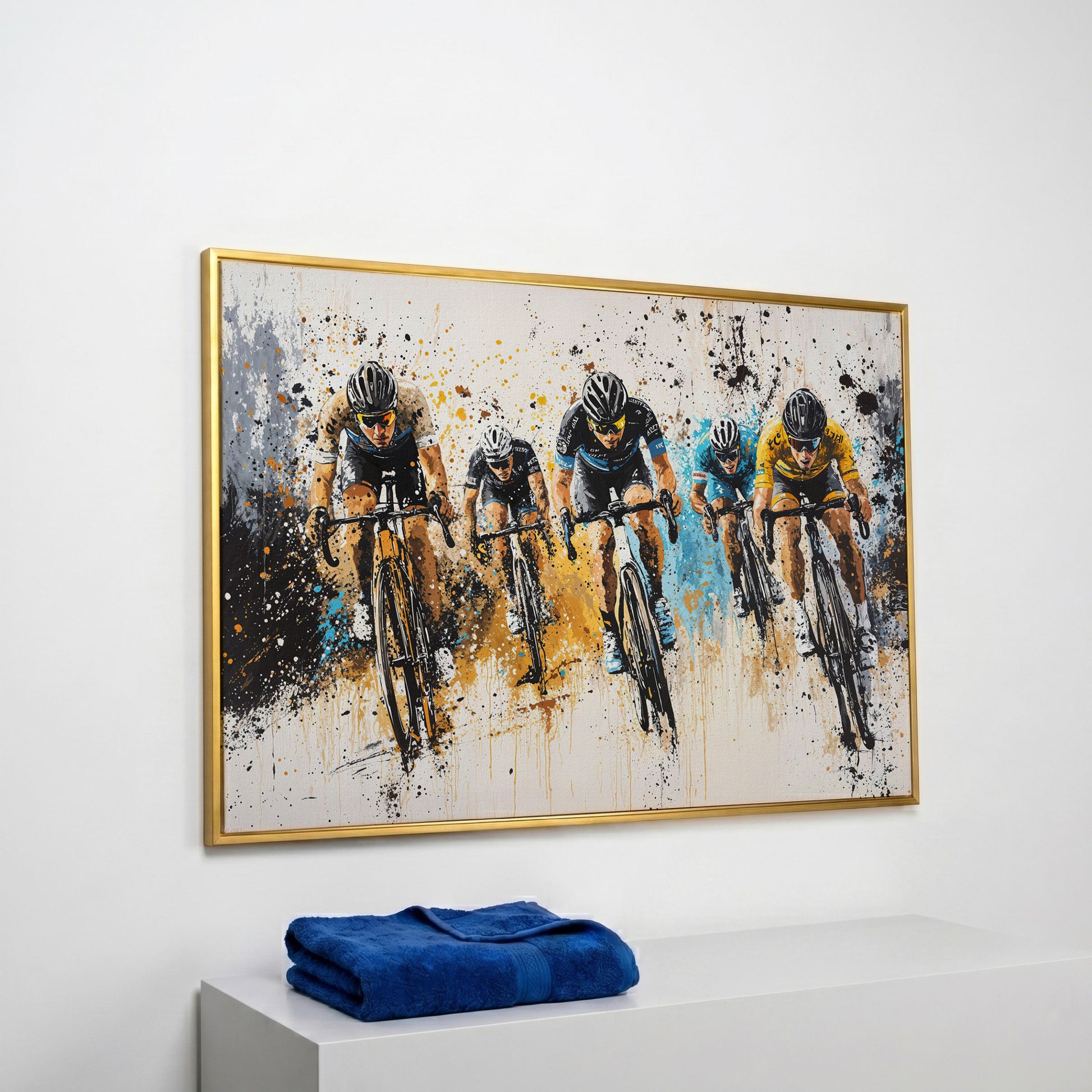 Cyclist Sports Canvas Print - Teal & Ochre Peloton in yellow gold floating frame
