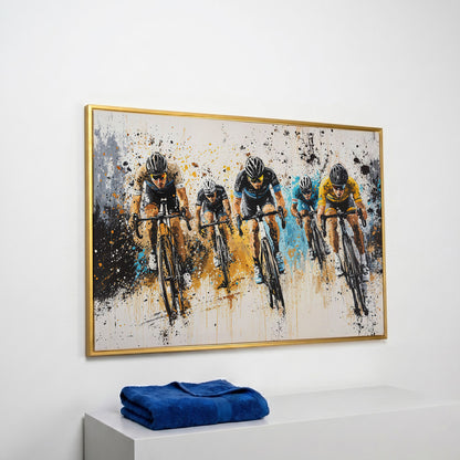 Cyclist Sports Canvas Print - Teal & Ochre Peloton in yellow gold floating frame