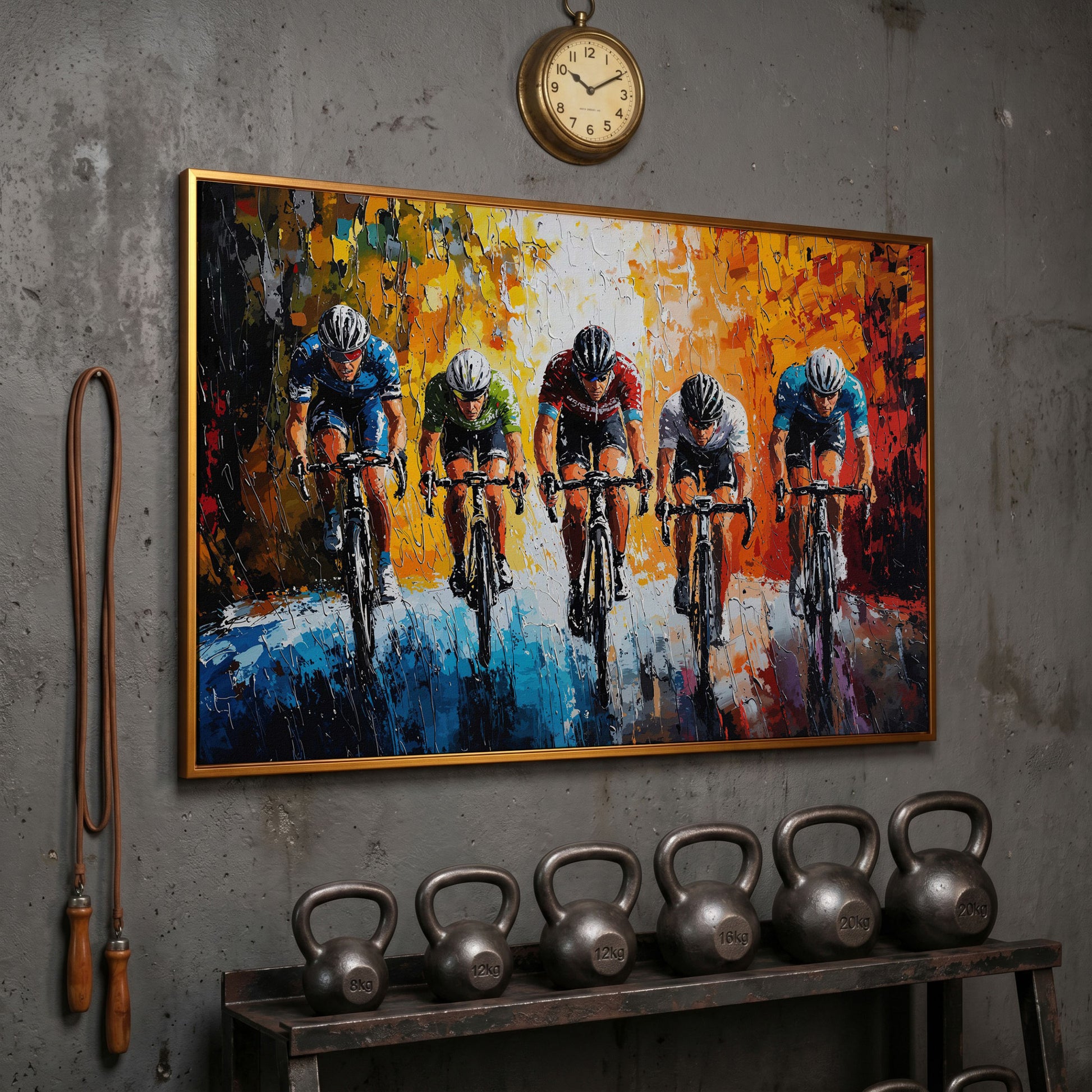 Dynamic Cycling Racing Scene Canvas Print in antique gold floating frame