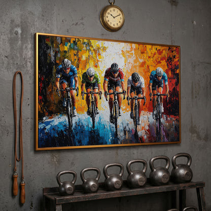 Dynamic Cycling Racing Scene Canvas Print in antique gold floating frame