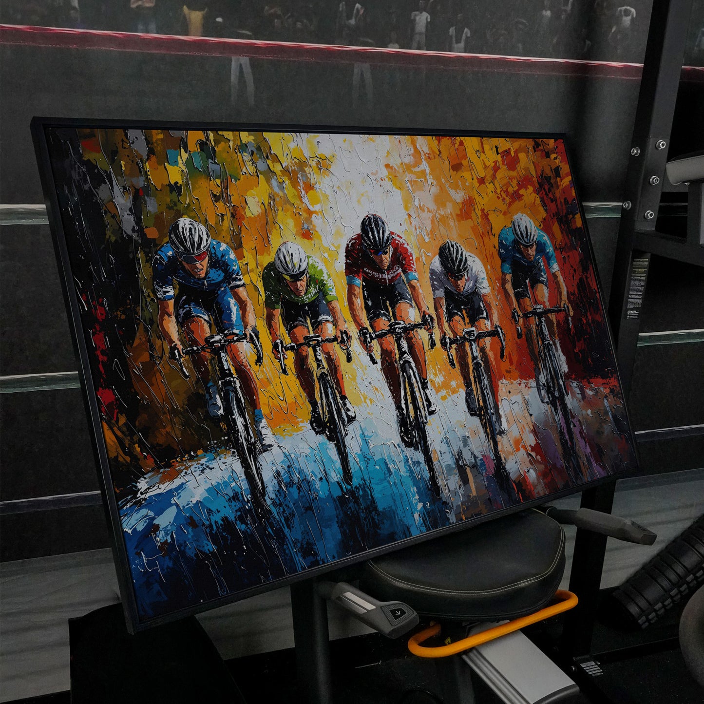 Dynamic Cycling Racing Scene Canvas Print in black floating frame