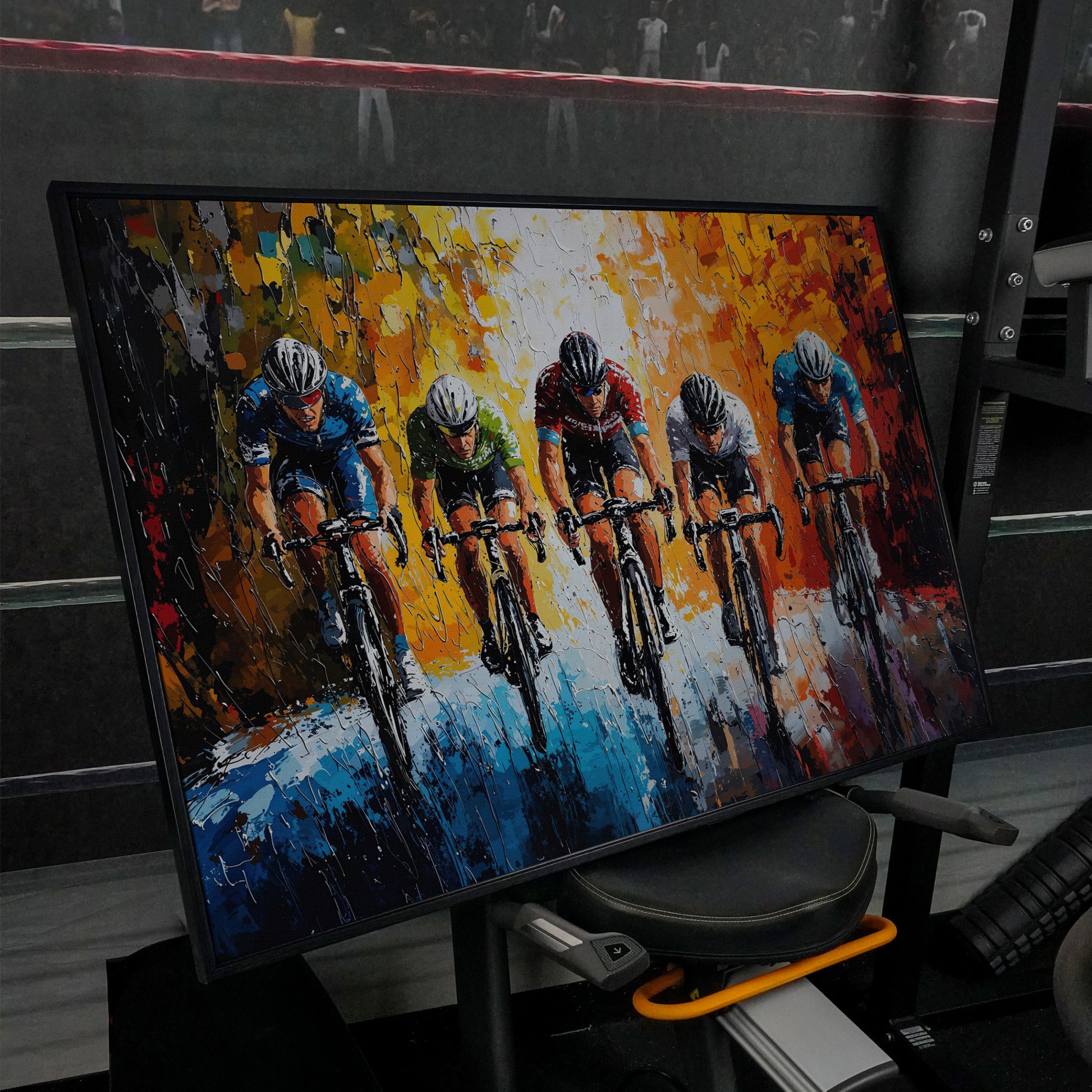 Dynamic Cycling Racing Scene Canvas Print in black floating frame