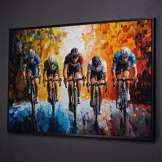 Dynamic Cycling Racing Scene Canvas Print shown in black floating frame