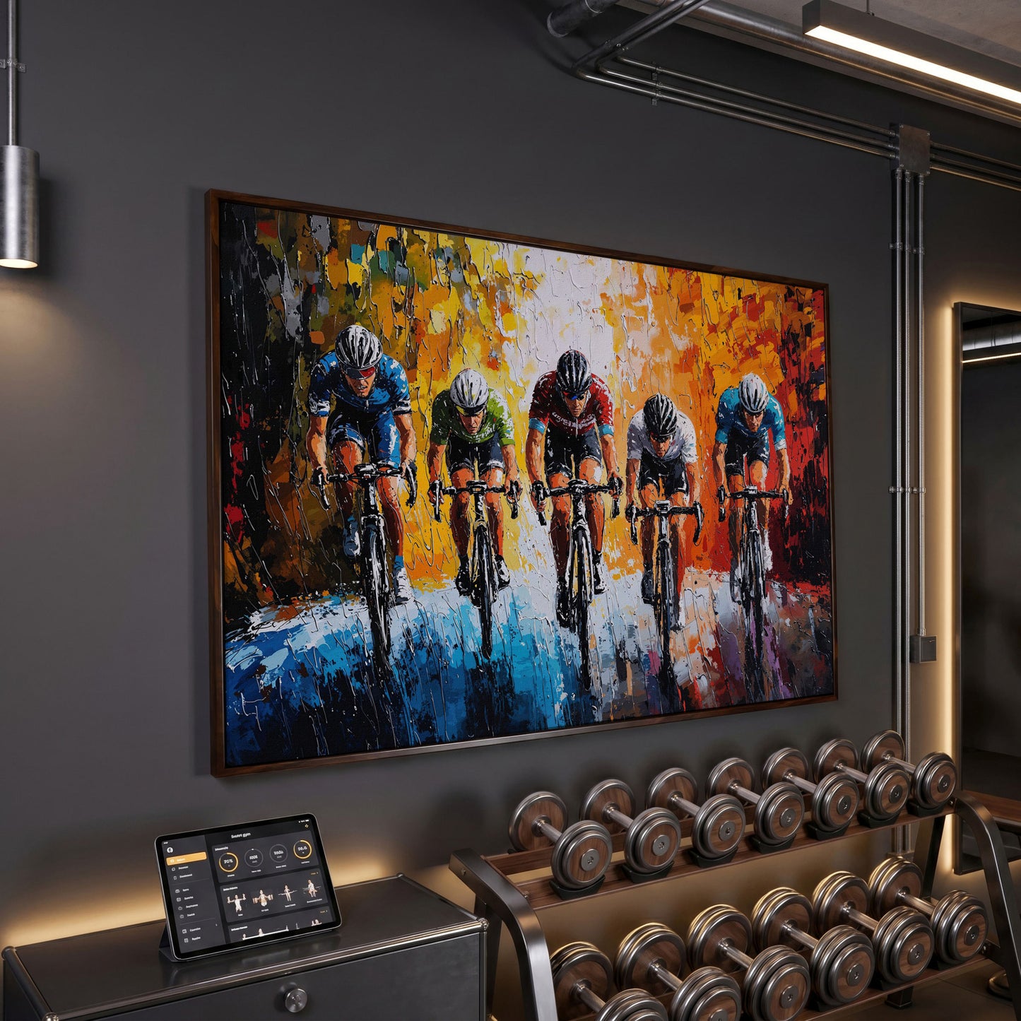 Dynamic Cycling Racing Scene Canvas Print in dark walnut floating frame