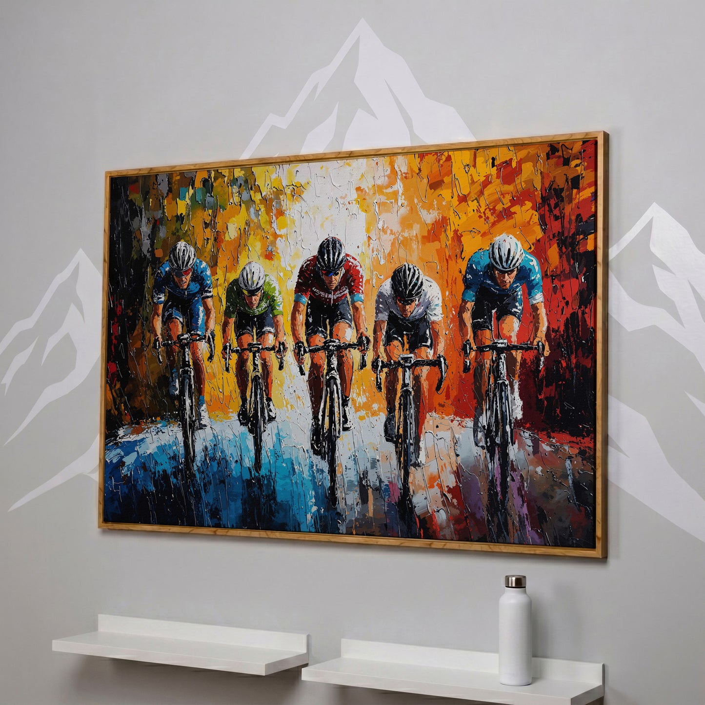 Dynamic Cycling Racing Scene Canvas Print in white oak floating frame