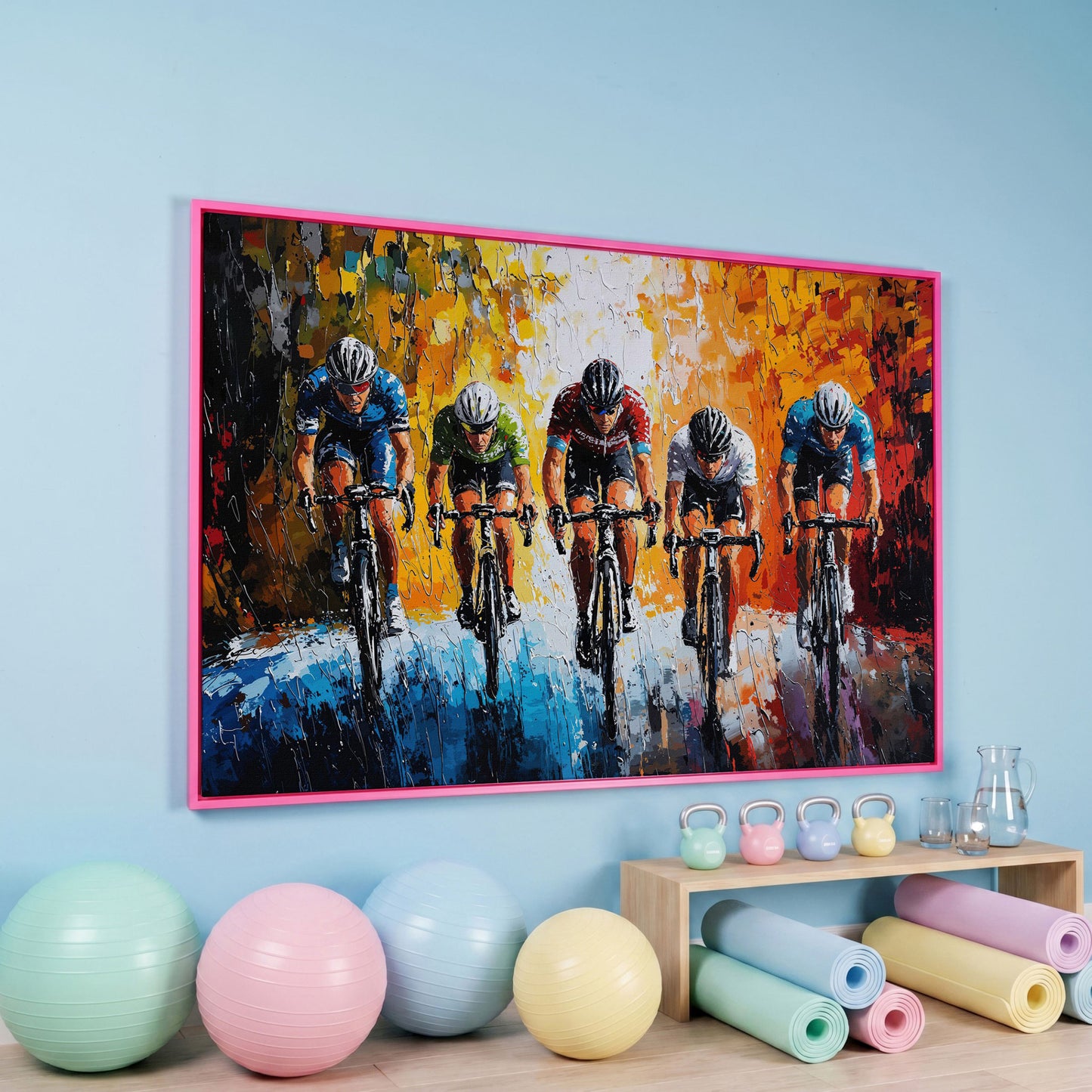 Dynamic Cycling Racing Scene Canvas Print in pink floating frame