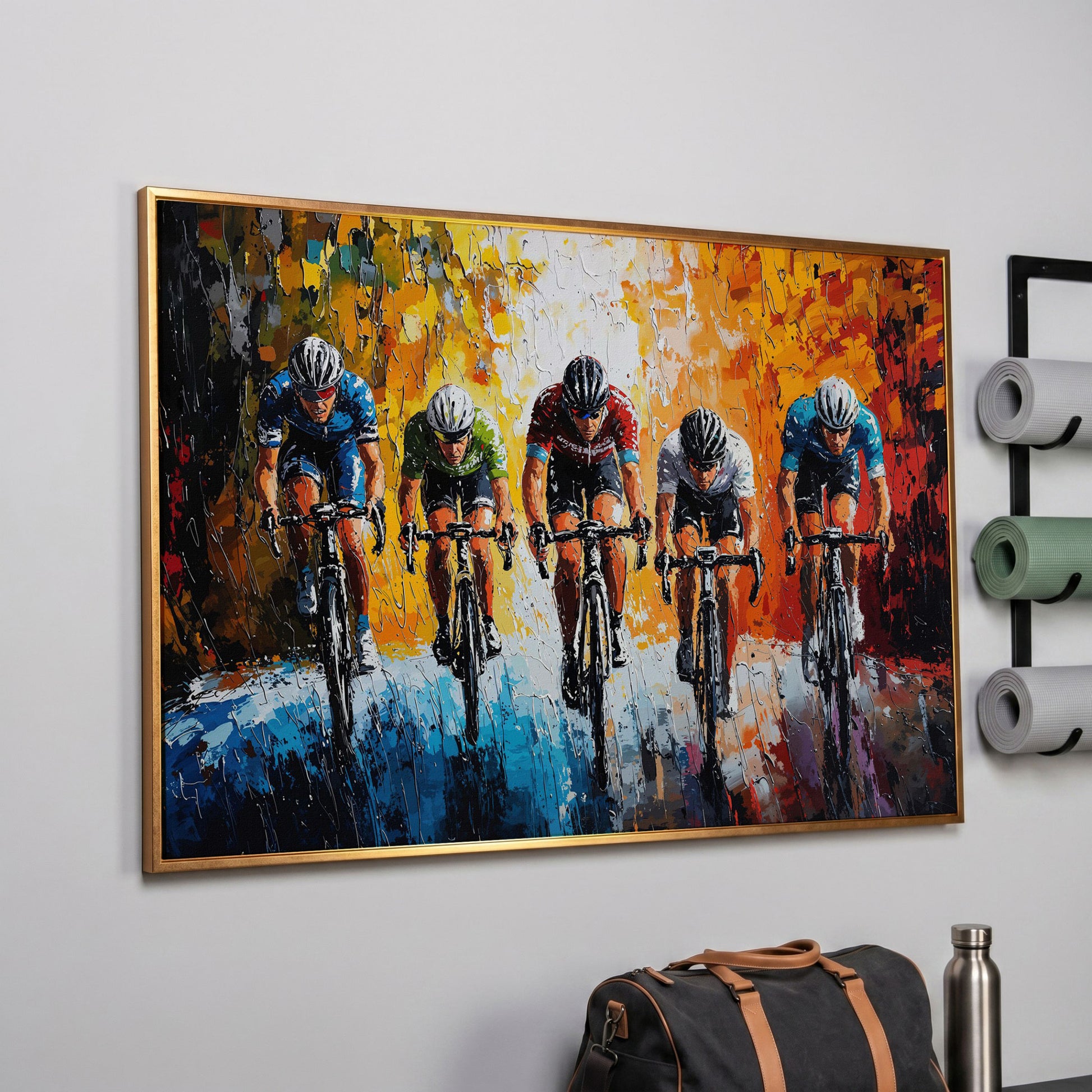 Dynamic Cycling Racing Scene Canvas Print in rose gold floating frame