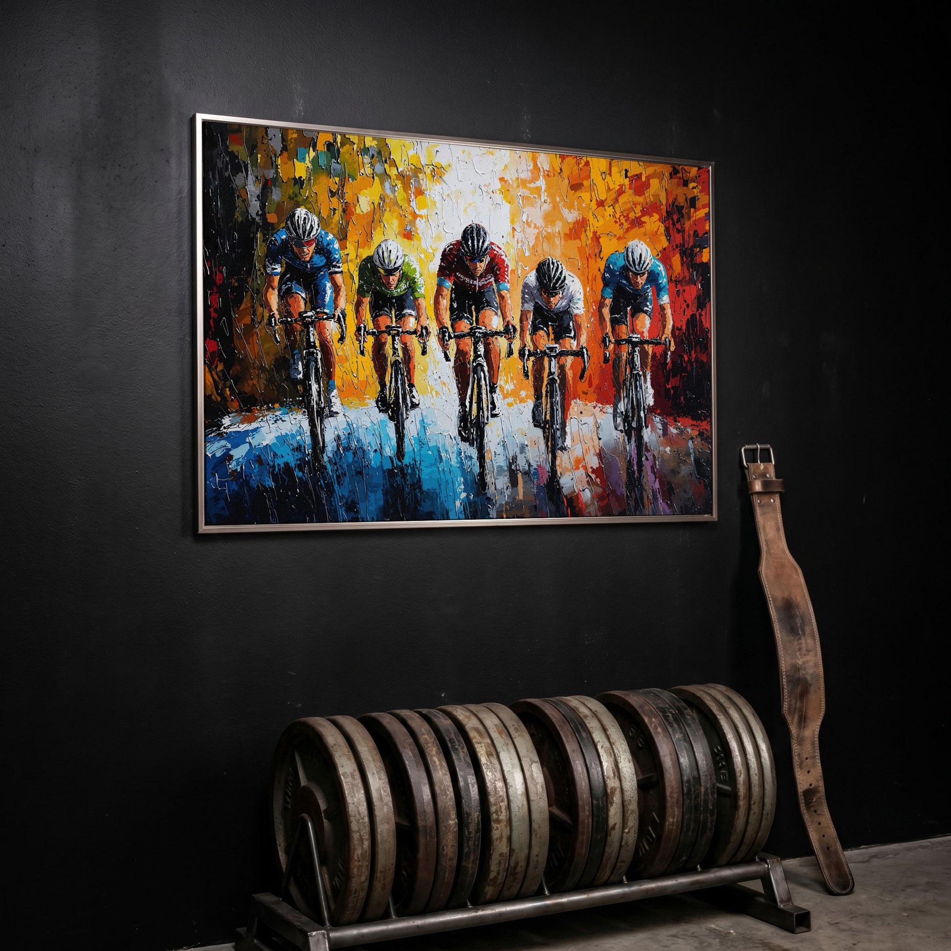 Dynamic Cycling Racing Scene Canvas Print in silver floating frame