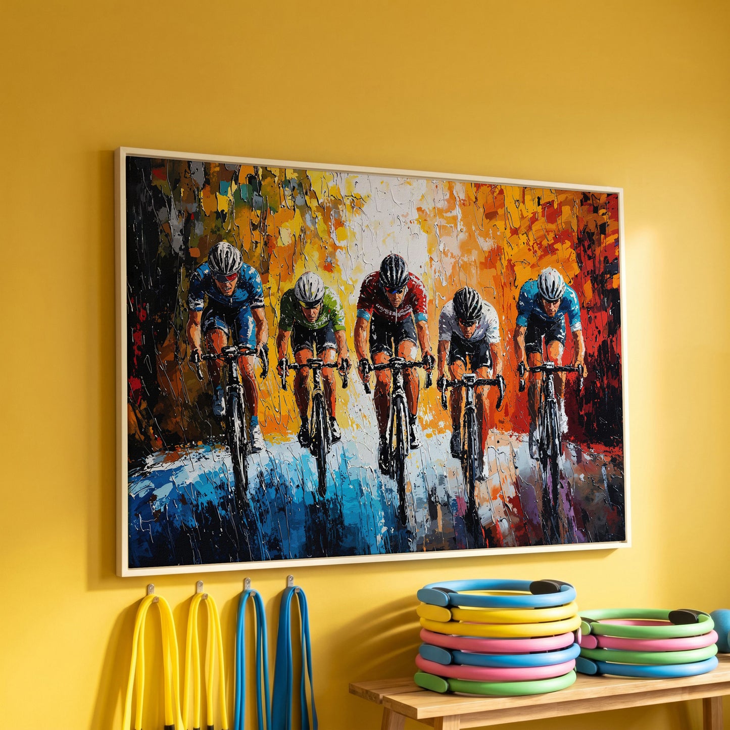 Dynamic Cycling Racing Scene Canvas Print in white floating frame