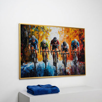 Dynamic Cycling Racing Scene Canvas Print in yellow gold floating frame