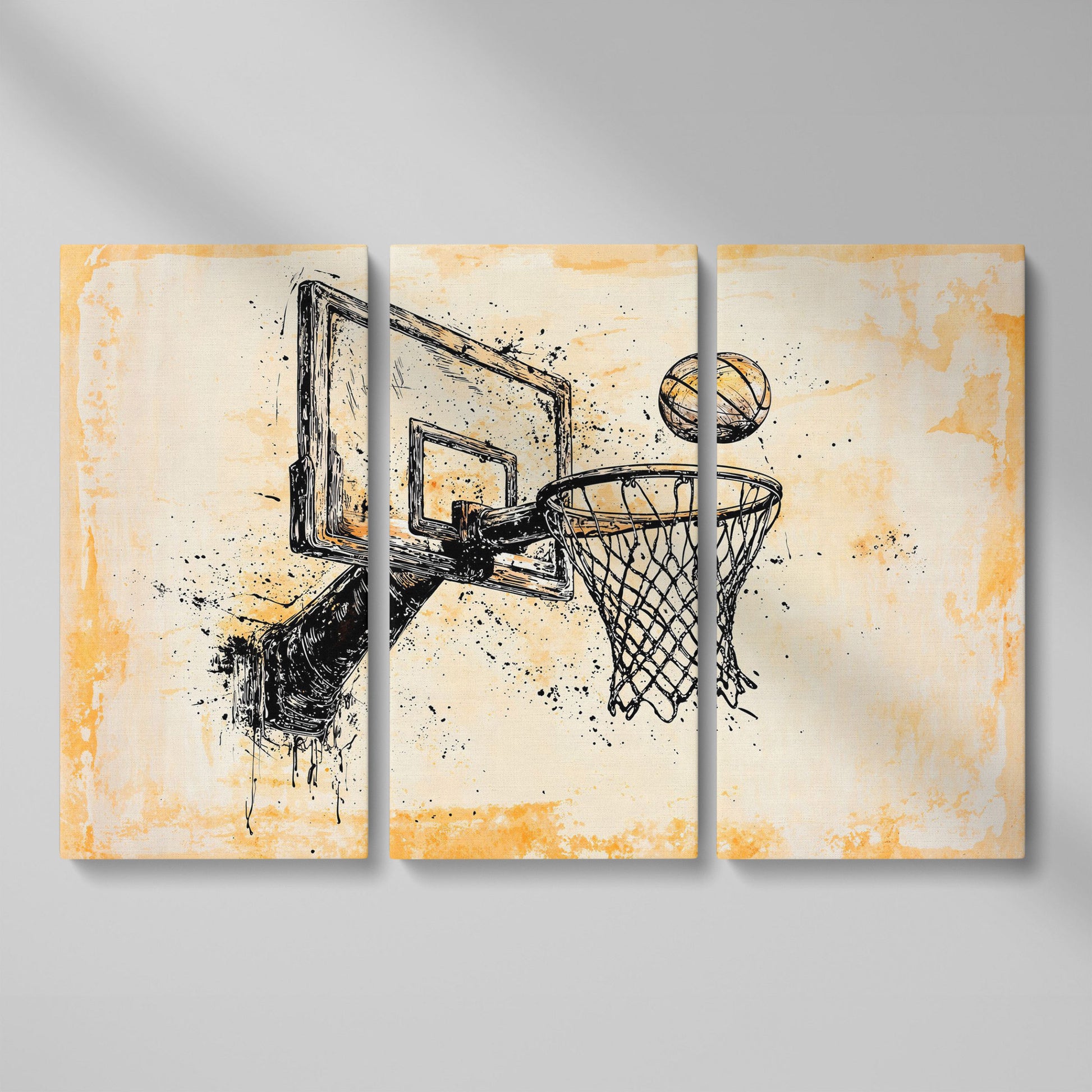 Basketball Hoop Sketch Canvas Print in Sepia and Cream as 3-panel split version