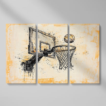 Basketball Hoop Sketch Canvas Print in Sepia and Cream as 3-panel split version