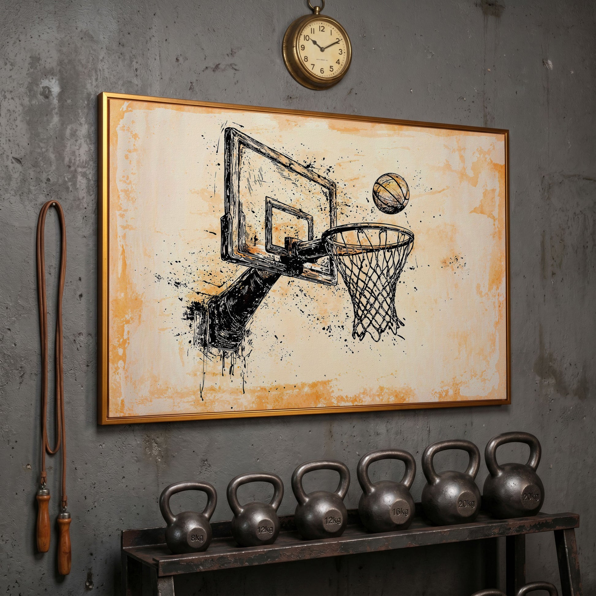 Basketball Hoop Sketch Canvas Print in Sepia and Cream in antique gold floating frame