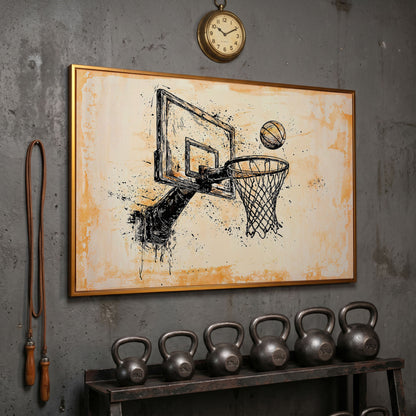 Basketball Hoop Sketch Canvas Print in Sepia and Cream in antique gold floating frame