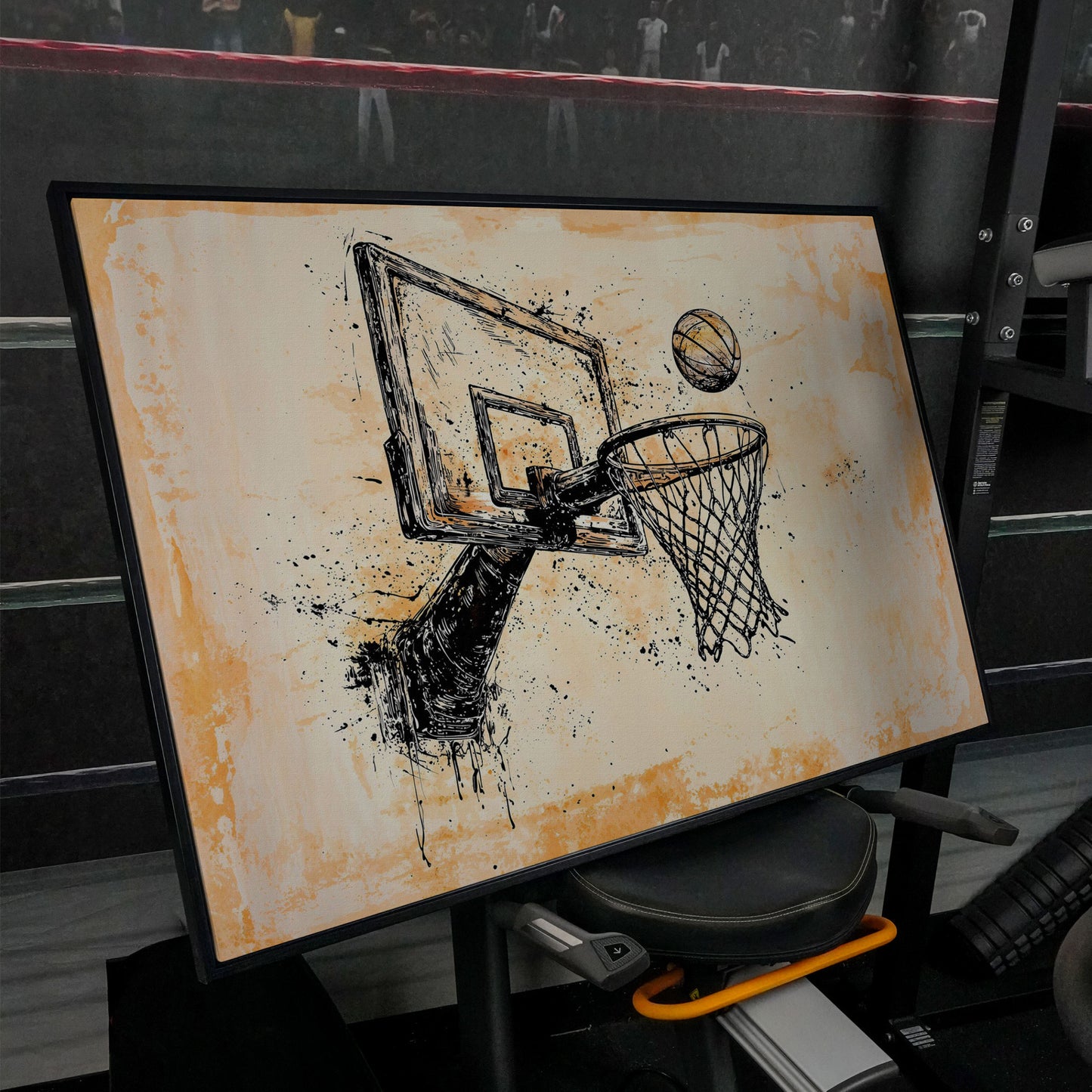 Basketball Hoop Sketch Canvas Print in Sepia and Cream in black floating frame