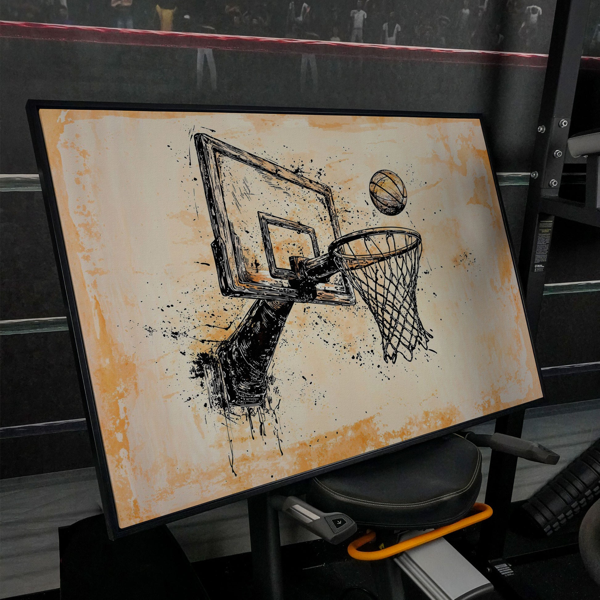 Basketball Hoop Sketch Canvas Print in Sepia and Cream in black floating frame