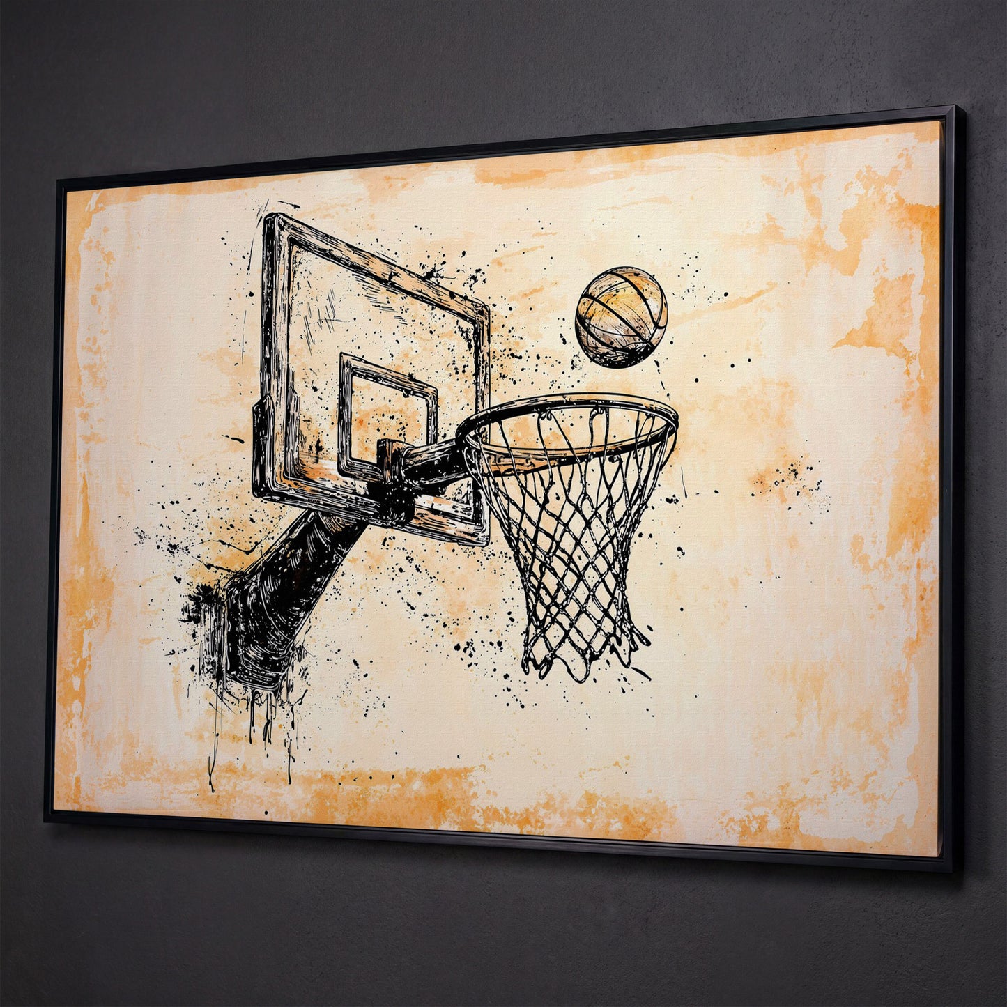 Basketball Hoop Sketch Canvas Print in Sepia and Cream shown in black floating frame