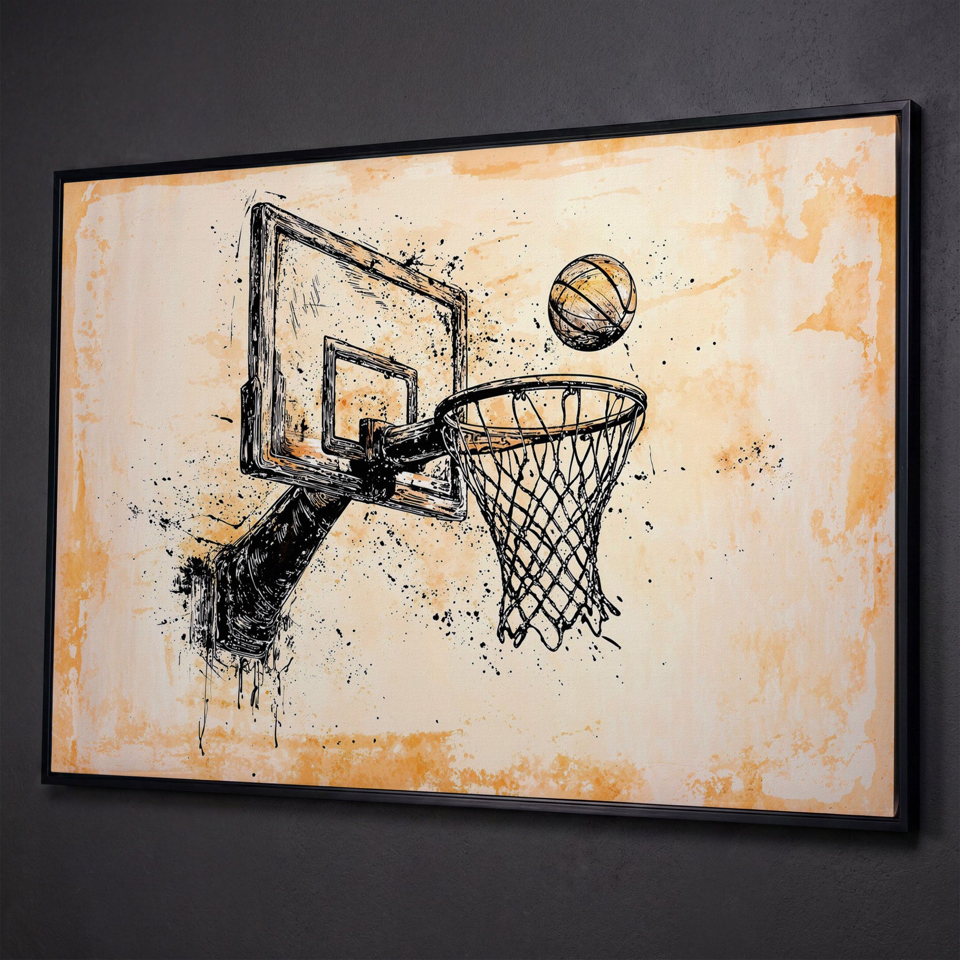 Basketball Hoop Sketch Canvas Print in Sepia and Cream shown in black floating frame