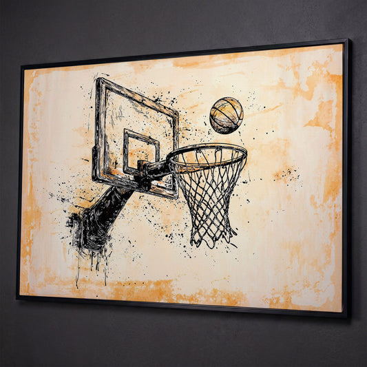 Basketball Hoop Sketch Canvas Print in Sepia and Cream shown in black floating frame