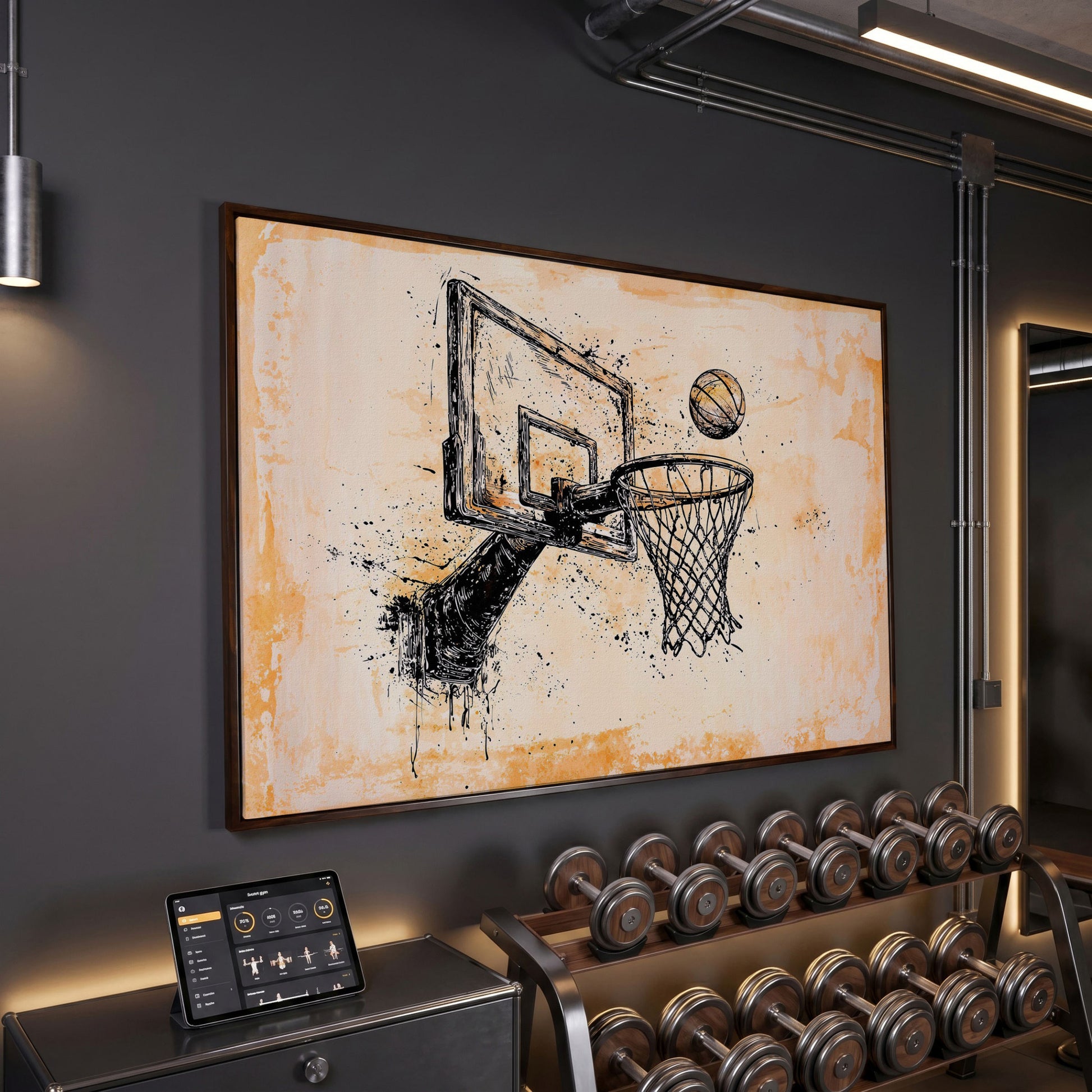 Basketball Hoop Sketch Canvas Print in Sepia and Cream in dark walnut floating frame