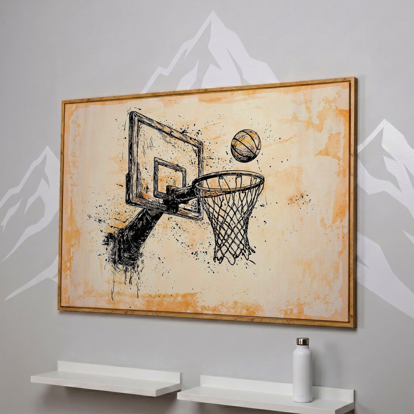 Basketball Hoop Sketch Canvas Print in Sepia and Cream in white oak floating frame