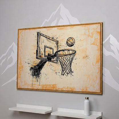 Basketball Hoop Sketch Canvas Print in Sepia and Cream in white oak floating frame