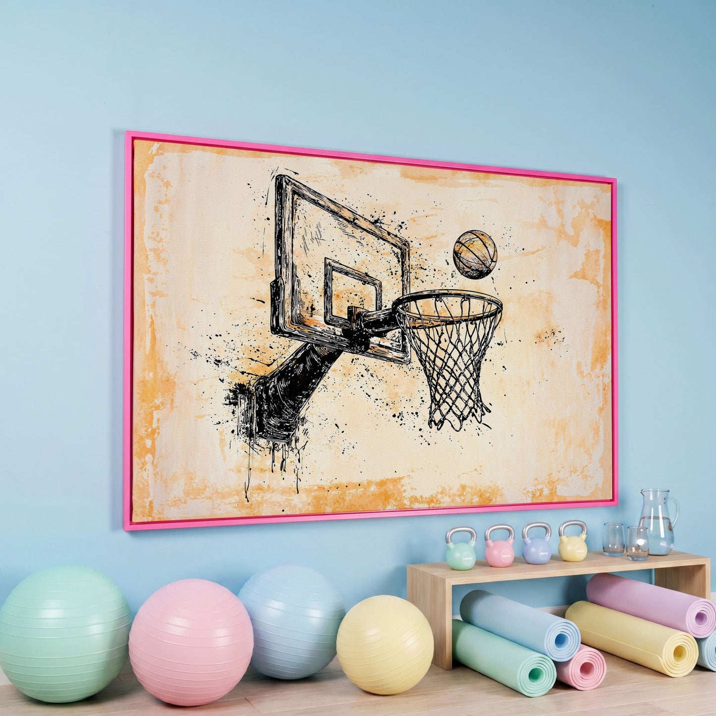 Basketball Hoop Sketch Canvas Print in Sepia and Cream in pink floating frame