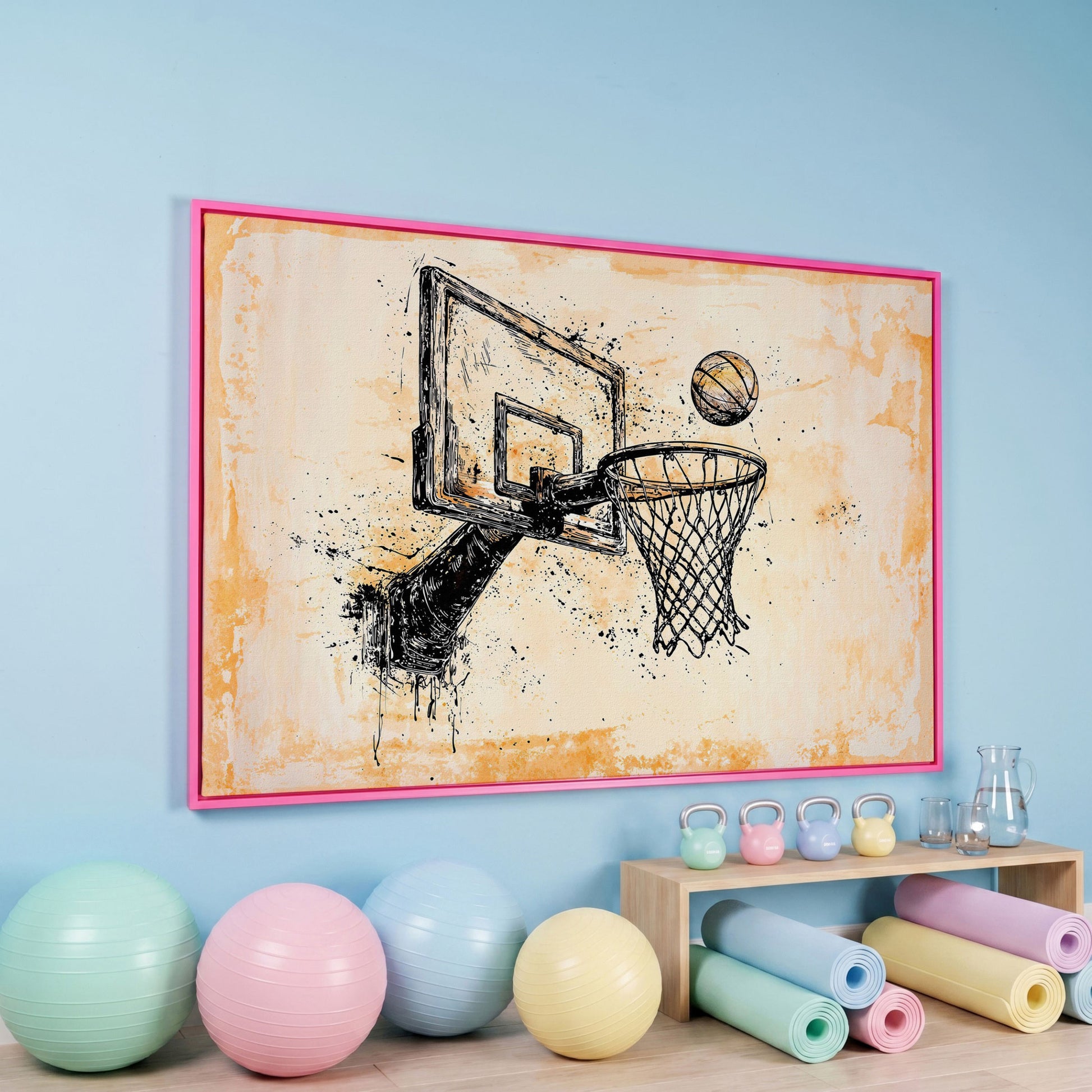 Basketball Hoop Sketch Canvas Print in Sepia and Cream in pink floating frame