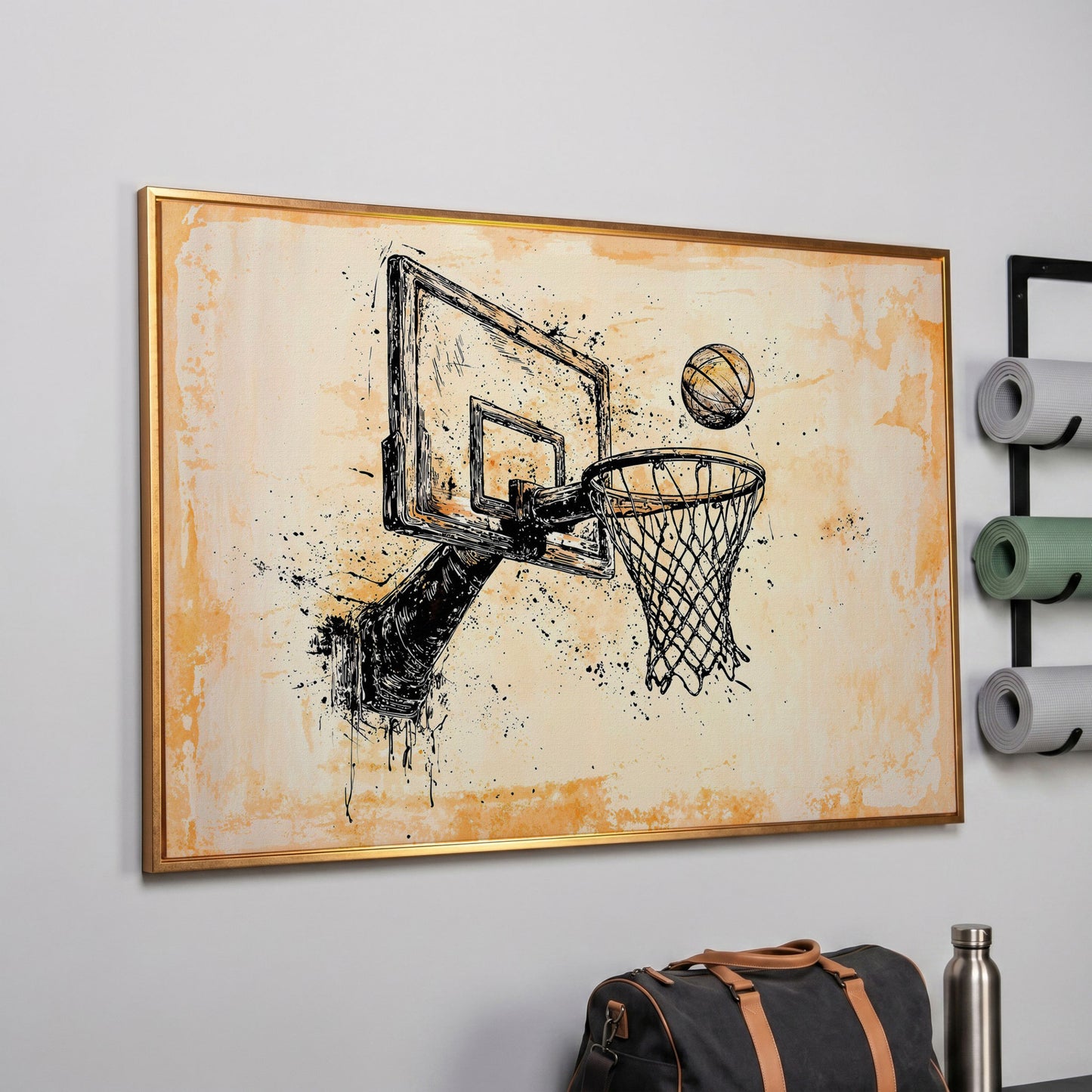 Basketball Hoop Sketch Canvas Print in Sepia and Cream in rose gold floating frame