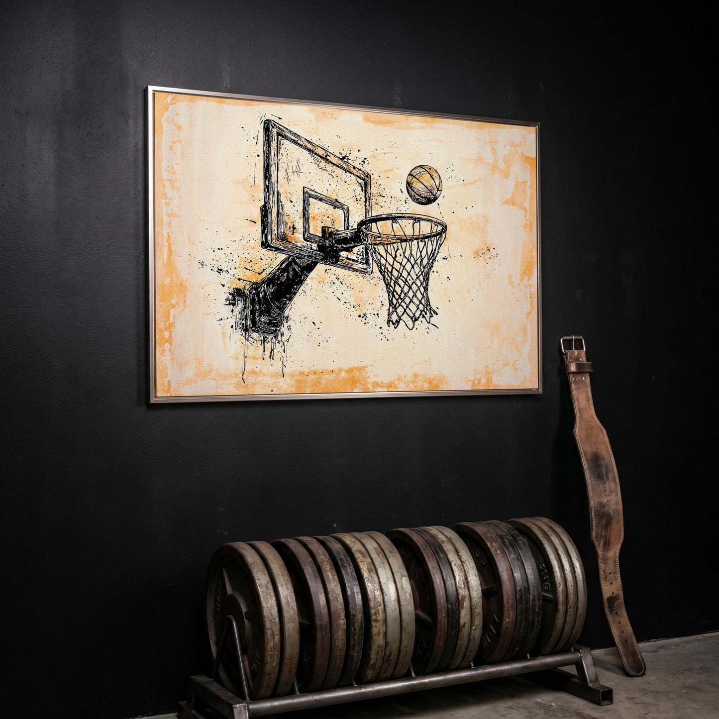 Basketball Hoop Sketch Canvas Print in Sepia and Cream in silver floating frame
