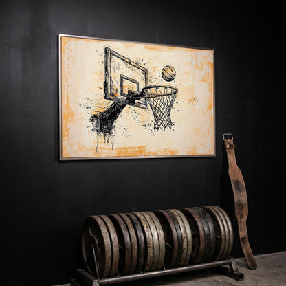 Basketball Hoop Sketch Canvas Print in Sepia and Cream in silver floating frame