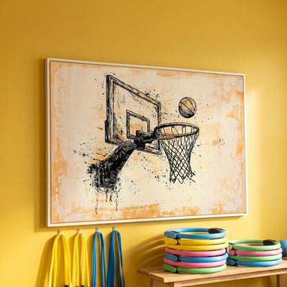 Basketball Hoop Sketch Canvas Print in Sepia and Cream in white floating frame
