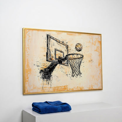 Basketball Hoop Sketch Canvas Print in Sepia and Cream in yellow gold floating frame