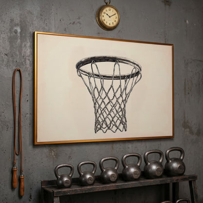 Basketball Hoop Line Art Canvas in antique gold floating frame