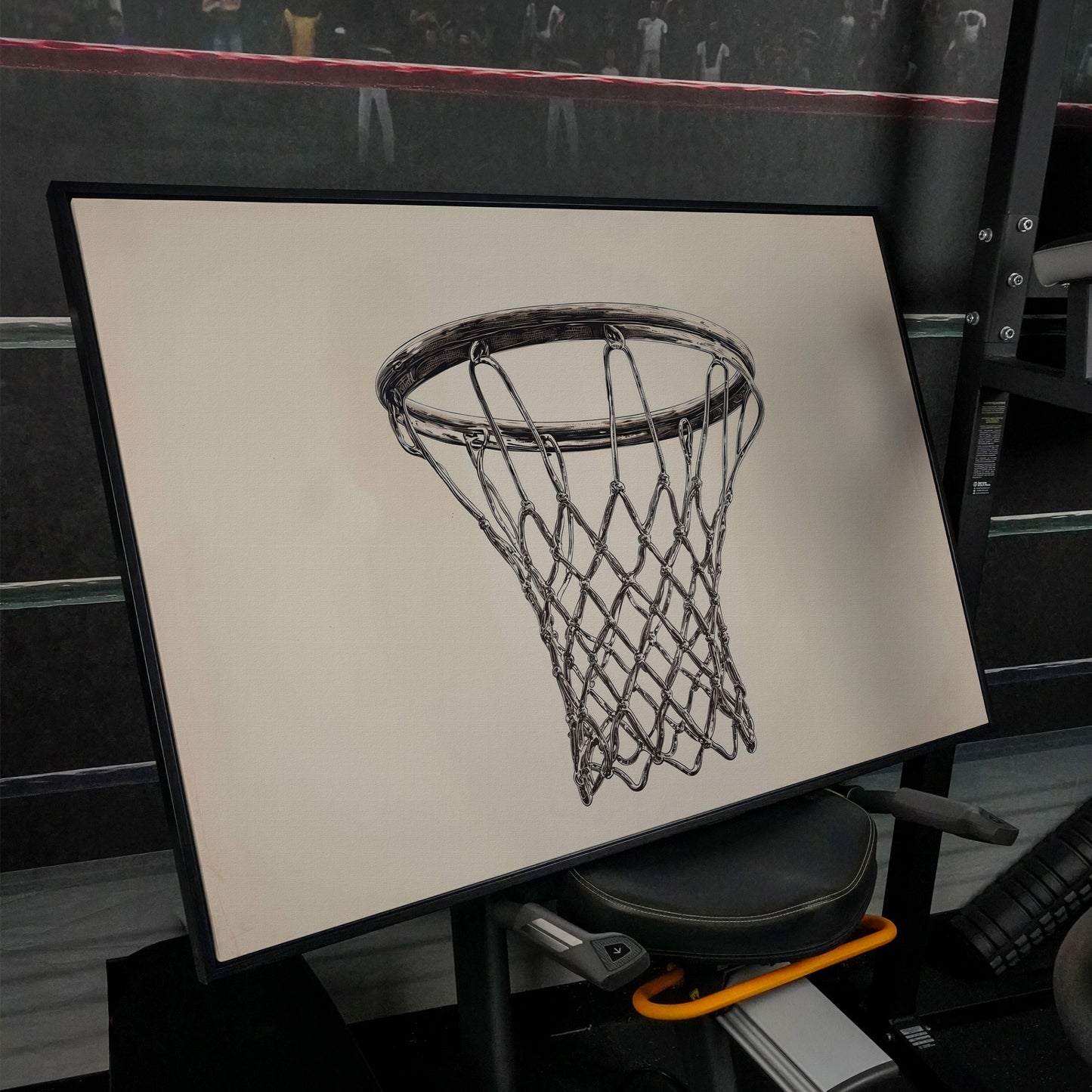 Basketball Hoop Line Art Canvas in black floating frame