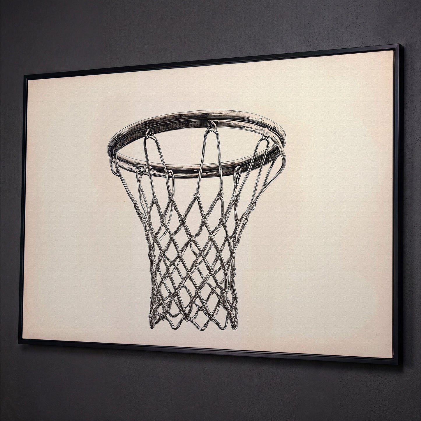 Basketball Hoop Line Art Canvas shown in black floating frame