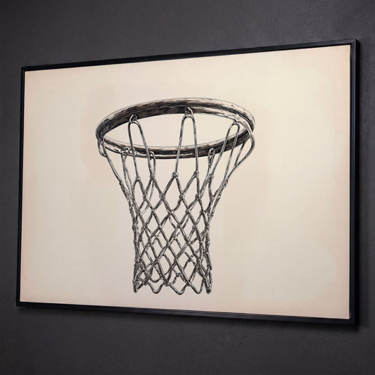 Basketball Hoop Line Art Canvas shown in black floating frame