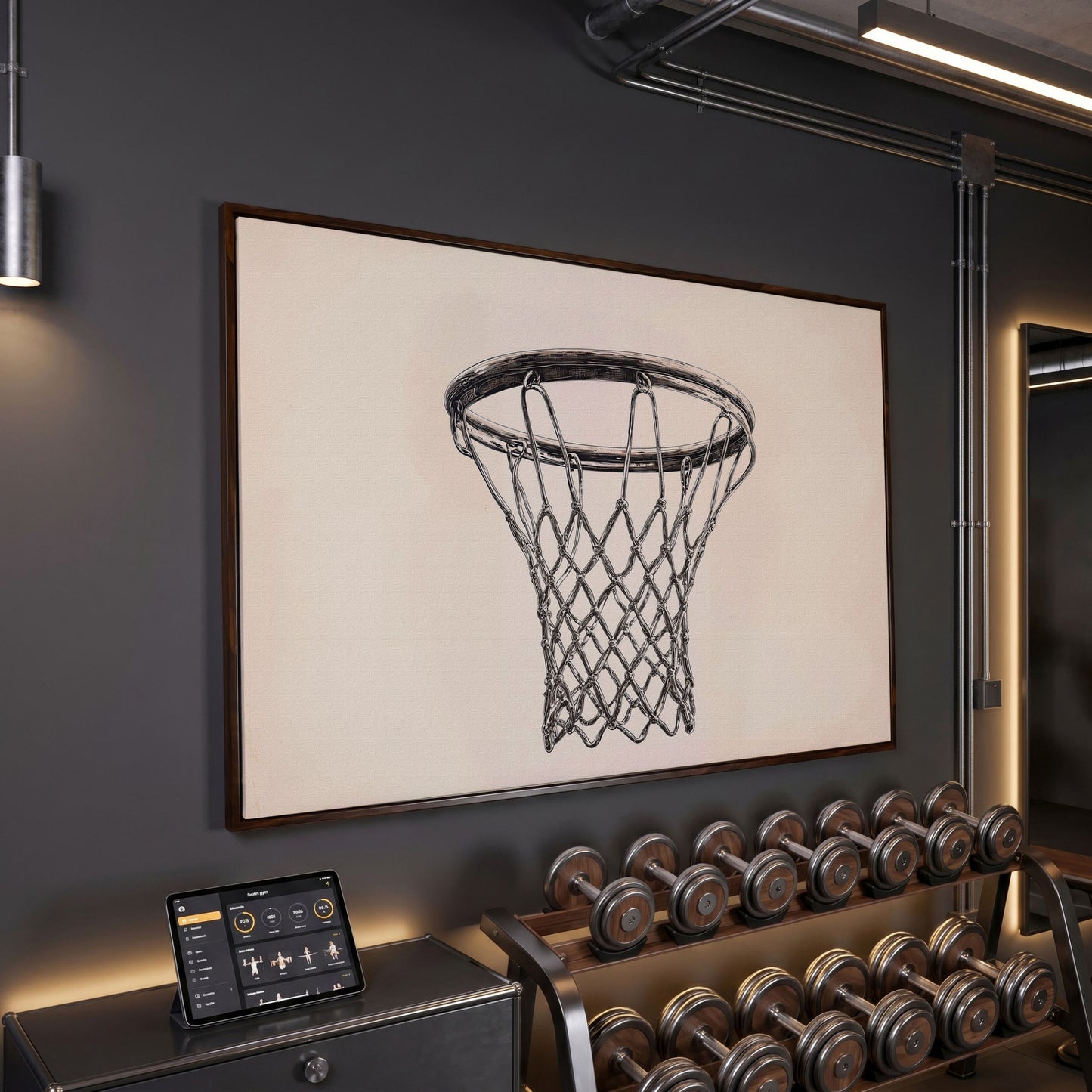 Basketball Hoop Line Art Canvas in dark walnut floating frame