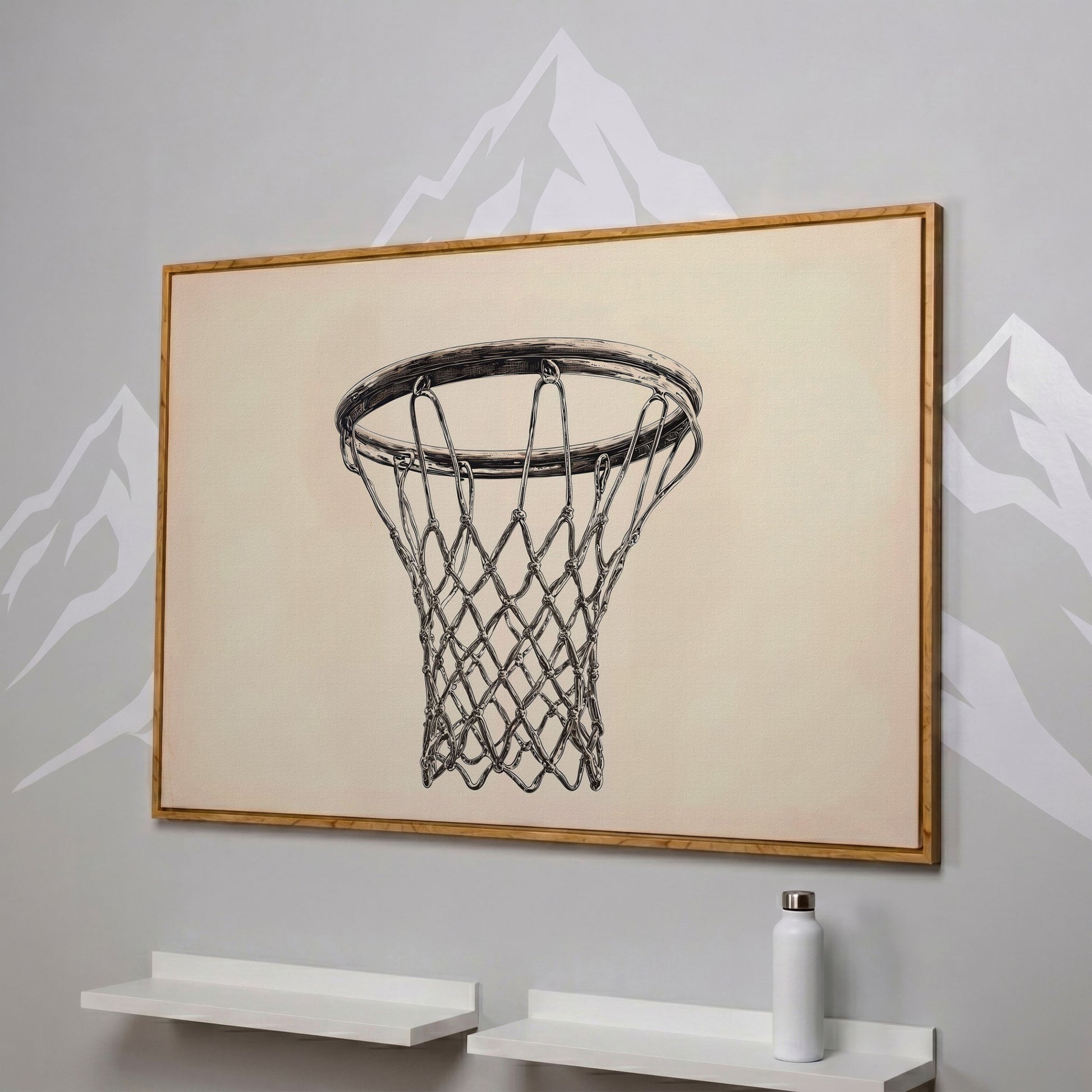 Basketball Hoop Line Art Canvas in white oak floating frame