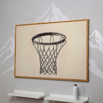 Basketball Hoop Line Art Canvas in white oak floating frame