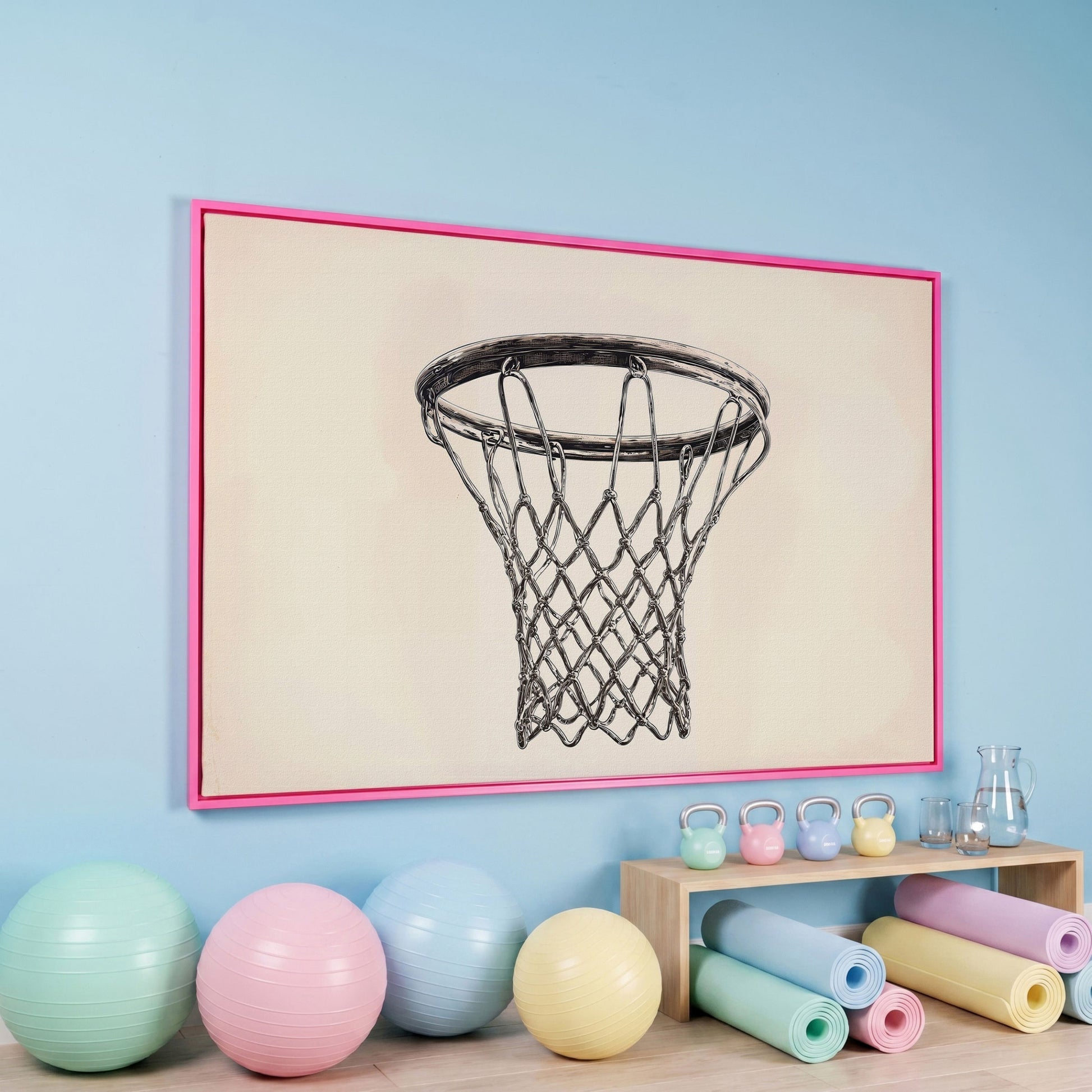 Basketball Hoop Line Art Canvas in pink floating frame