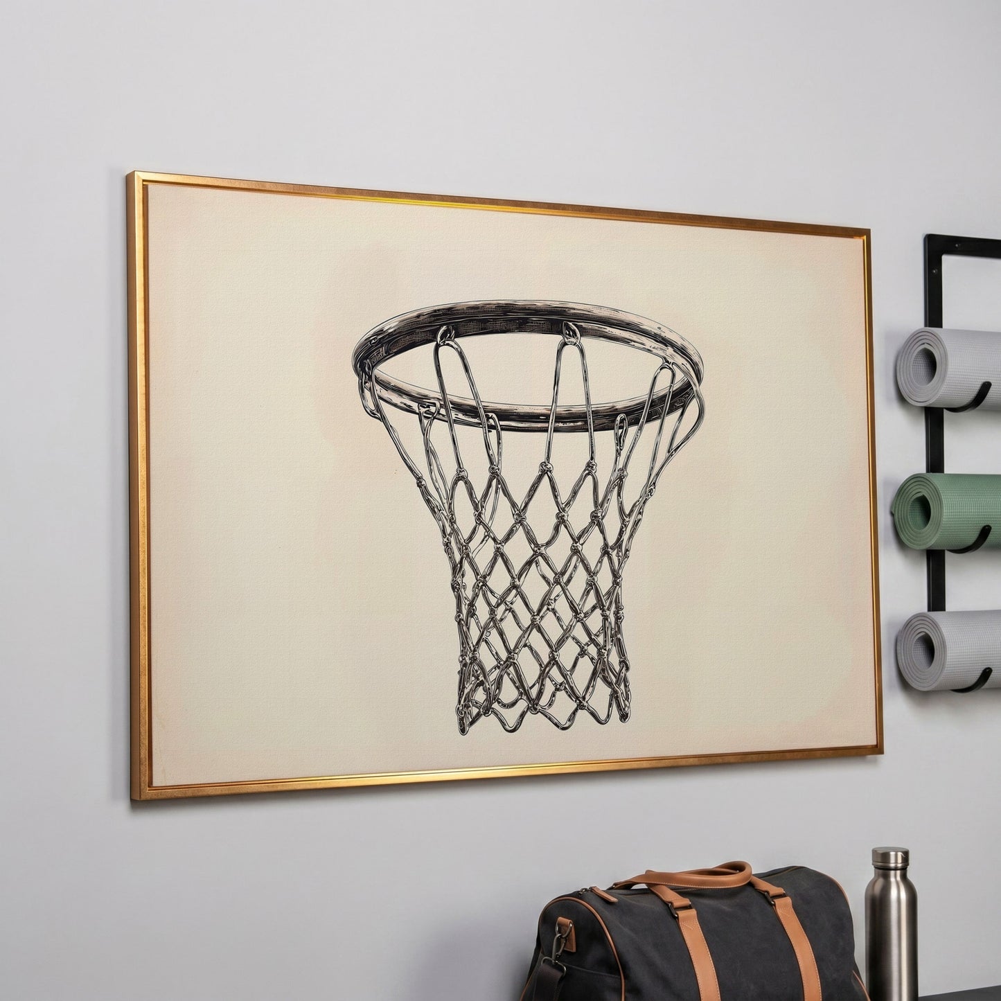 Basketball Hoop Line Art Canvas in rose gold floating frame