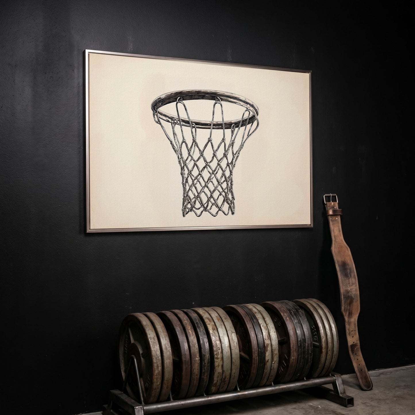 Basketball Hoop Line Art Canvas in silver floating frame